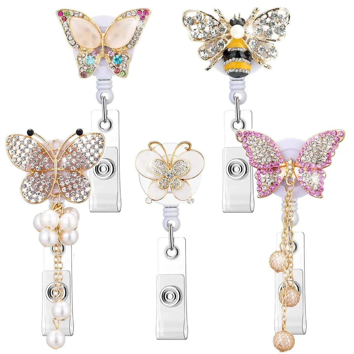 New Arrival 1 Piece Quality Rhinestone Butterfly Bee Pearls Retractable Nurse Badge Reel Teacher Doctor ID Card Holder Lanyard