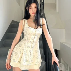 Suspension Floral Dress For Women Summer New 2024 Clothing Waist Daily Holiday Dress Female French Princess Short Party Dresses.