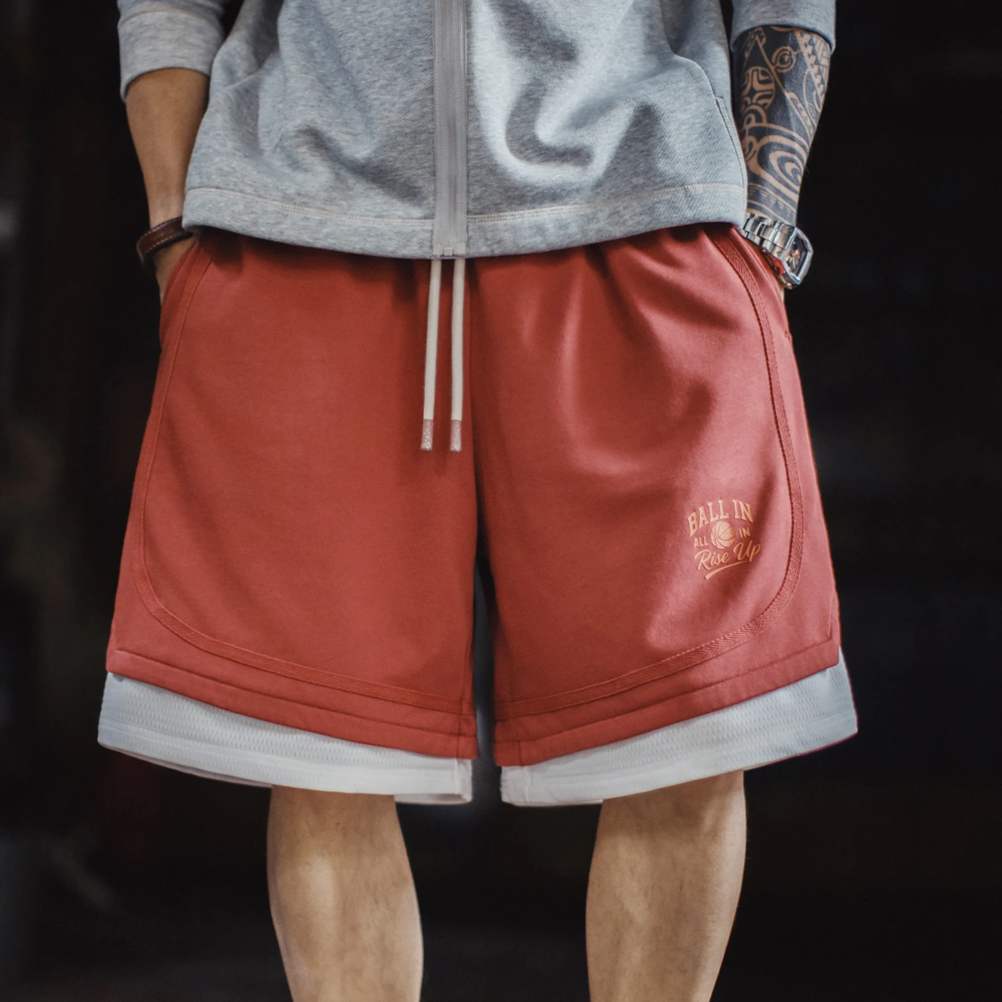 Maden Men's American Retro Street Basketball Print Knit Sweat Shorts Breathable Loose 5 Inch Summer Daily Workout Pants Sports
