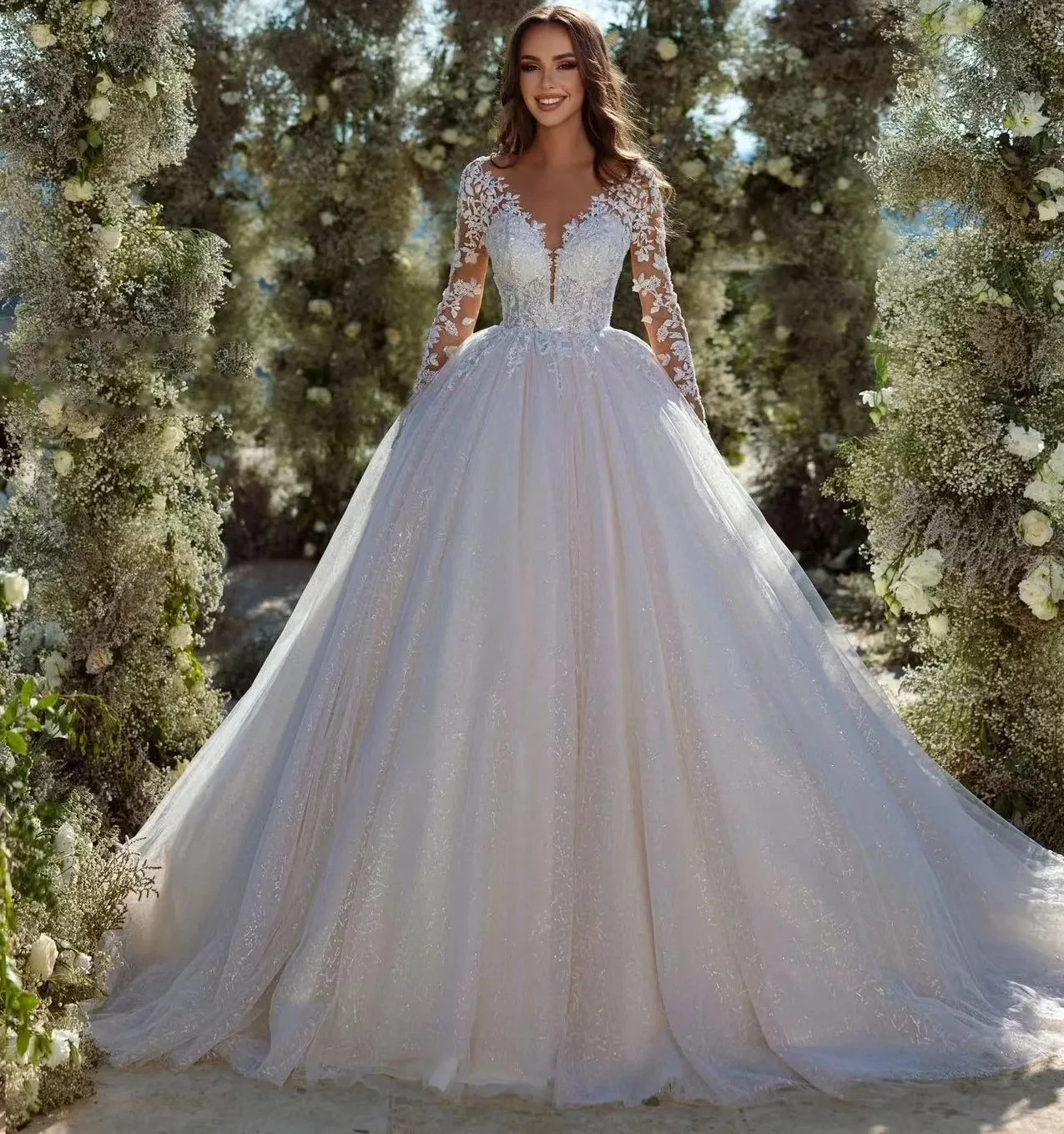 

New A-line Wedding Dress Illusion Neck Long Sleeves Flower Lace Appliques Women Bride Gown Wedding Dresses Vestido De Noiva
