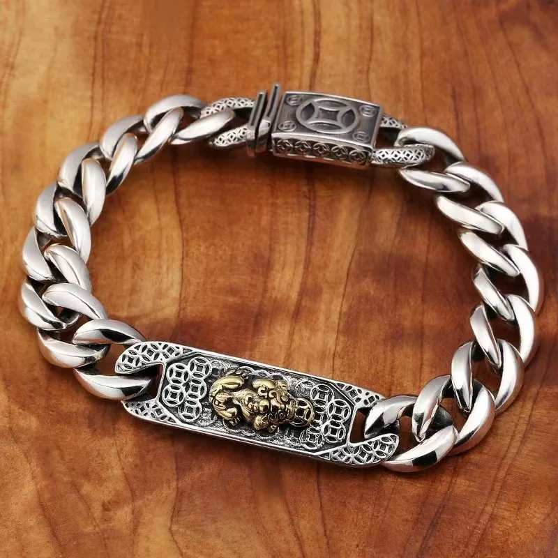 Retro Style Silver Cuban Bracelet Fashion Ancient Copper Money Auspicious Chain Jewelry Men Party Friendship Gift