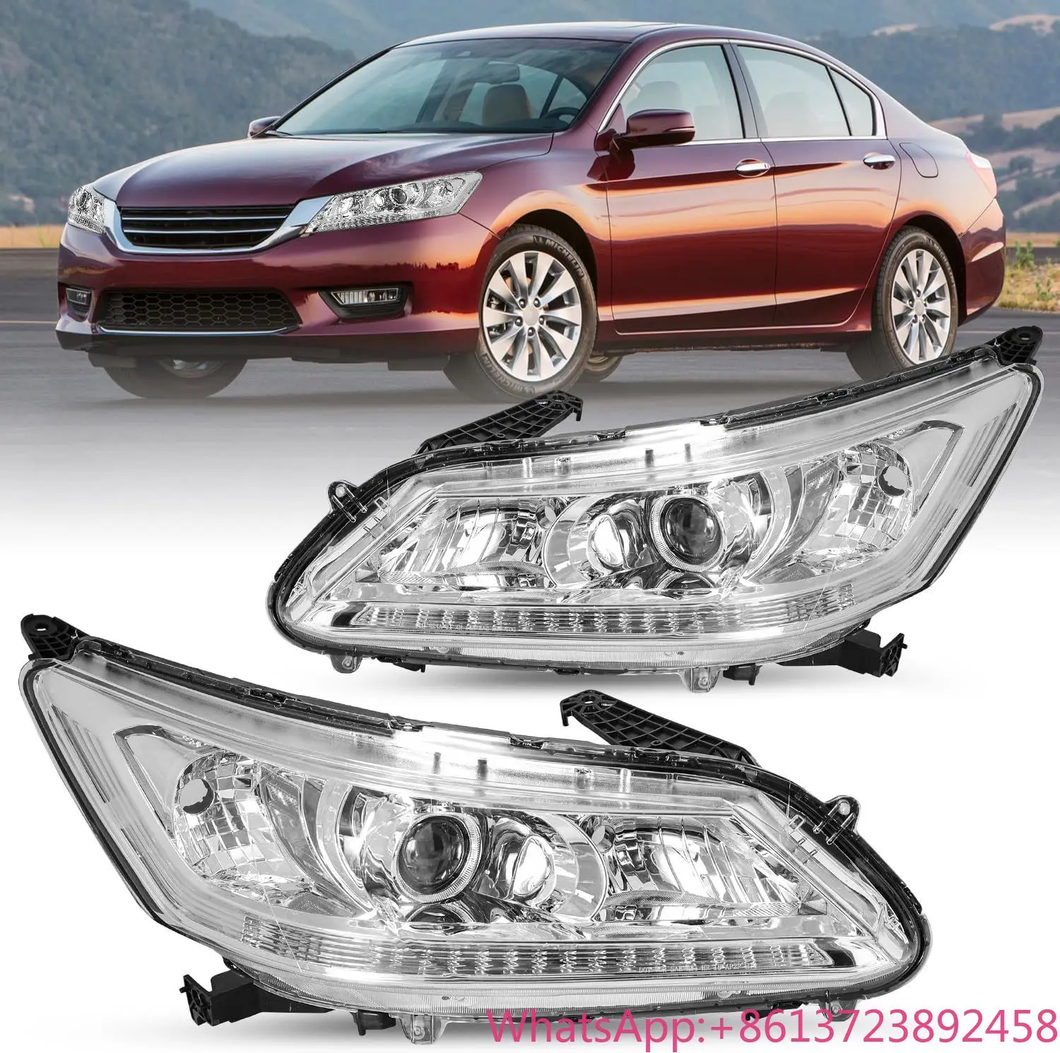 

For 2013 2014 2015 Honda Accord Sedan 4-Door [Factory Halogen Type] Projector Headlight Headlamp Assembly Replacement Set (Chrom