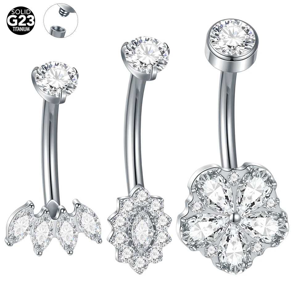 1/5PCS Titanium PIERC Flower Belly Button Rings Navel Ring CZ Paved Top Threaded Belly Piercing Belly Button Ring Sexy Jewelry