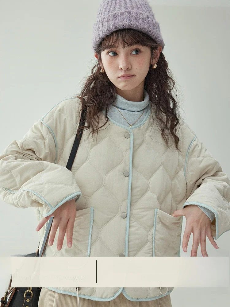 

AMUU Original Faion Colored Blo round Ne Button Cotton Jaet Women's Autumn Winter Outerwear Diamond Pattern Warm Top