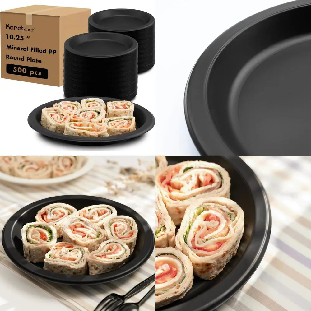 

Eco-Friendly Mineral-Filled PP Plastic Disposable Plates, Heavy Duty, 10-500 Pcs, Black Round, 1 Compartment, Red, Suitable for