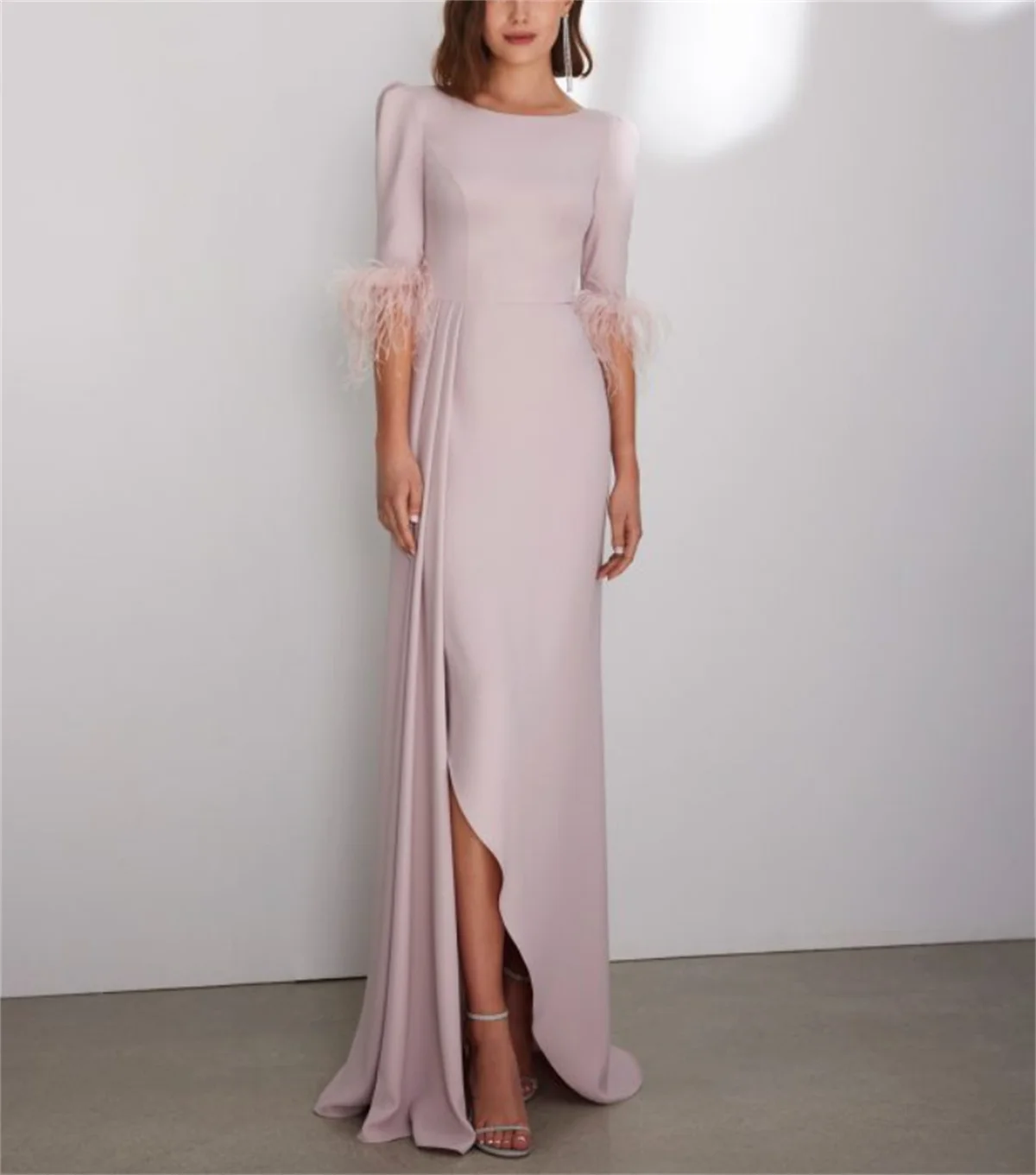 A-Line Elegant Mother Dress Flared Bride Sexy Round Neck Floor-Length Lace Stretch Chiffon Half Sleeves with Feather Appliqués