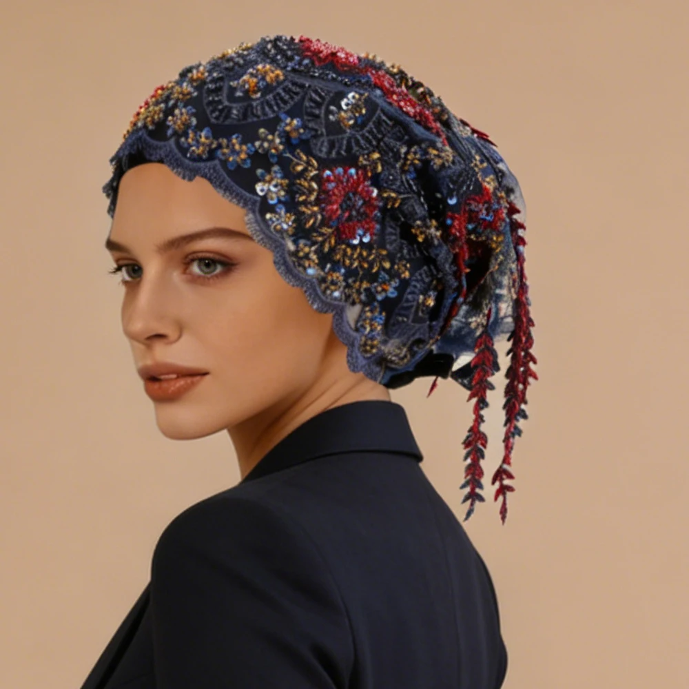 

Stylish Tassel New Embroidered Headband Lace Fashion Hat Turban Women Muslim Hijab Bonnet Islam Headscarf Beanies Wedding Cap