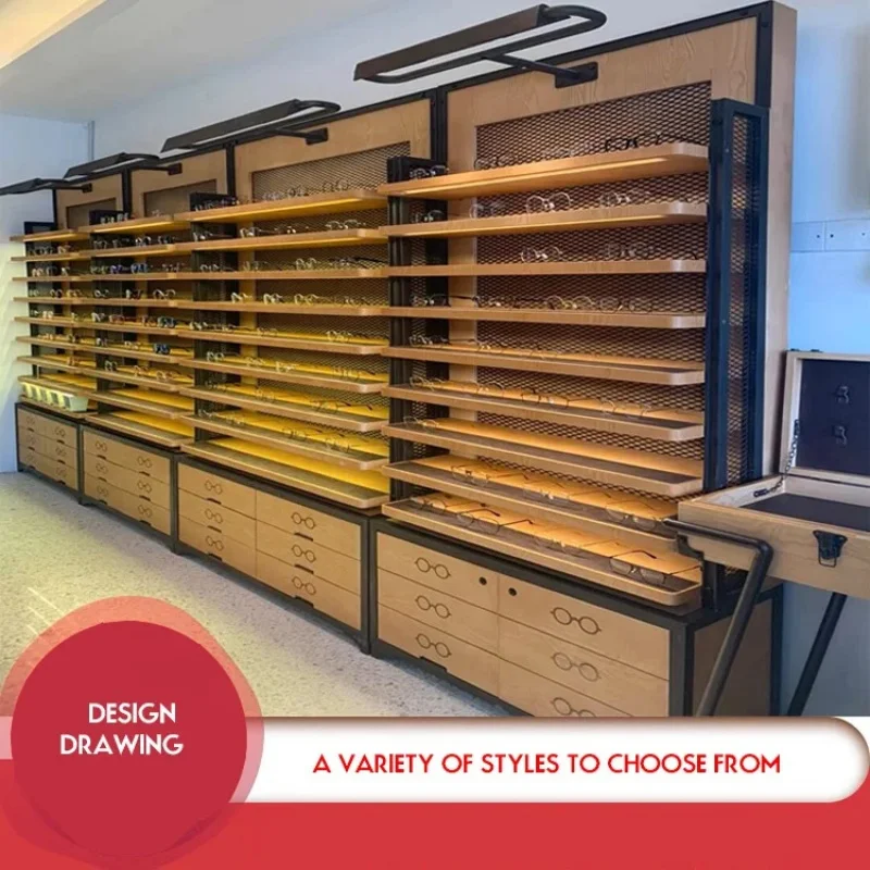 custom.Mushen Forest Retro Style Glasses Display Cabinet LED Light Custom Wooden Multi Shelves Stand Rack Wood Grain Veneer