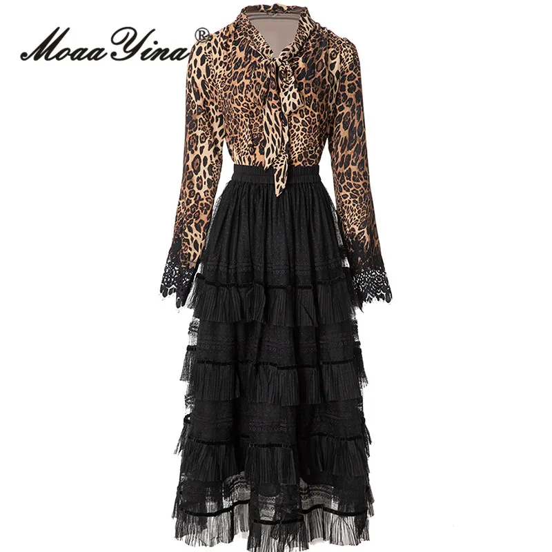 

MoaaYina Fashion New Style Long Sleeved Lace Leopard Print Top+Pleated Elastic Waist Skirt Two-Piece Set