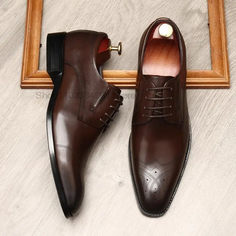 

Genuine Leather Oxford Dress Shoes Men Lace Up Luxury Office Wedding Shoes Black Brown Brogue Pointed Oxfords Formal Shoes Men