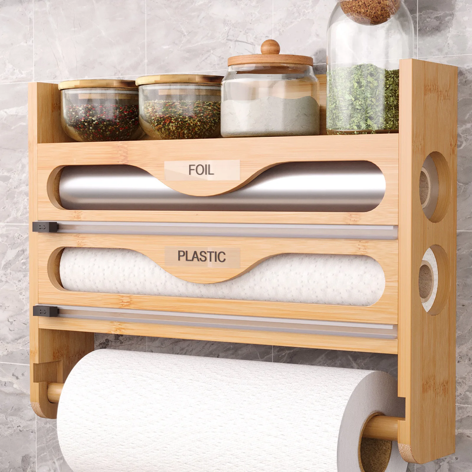 3 in 1 Bamboo Wall Mounted Kitchen Foil and Plastic Dual Dispenser Organizer, with Paper Towel Holder Wrap Organizer - view 3