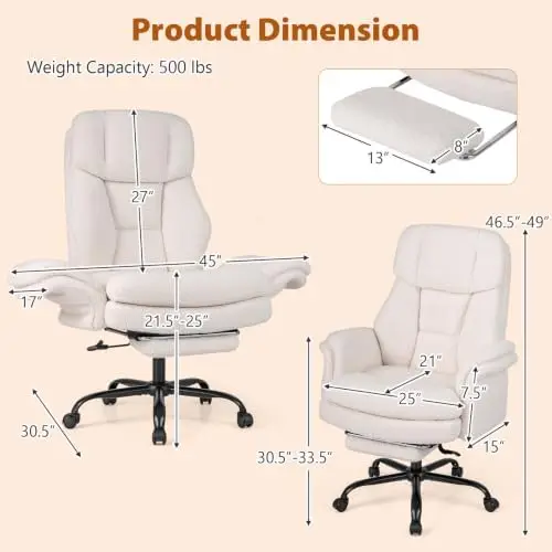 Big and Tall Office Chair with Flip Armrests and Footrest (White) | 500LBS, Teddy Fleece Criss Cross Legged Chairs