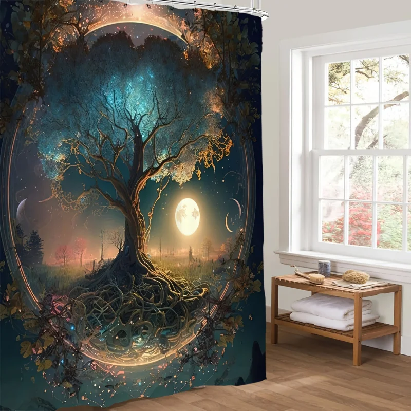 4pcs Tree Printed Shower Curtain Set, Waterproof Bathroom Partition Curtain With Hooks, Non-Slip Bath Rug, Toilet U-Shape Mat, T