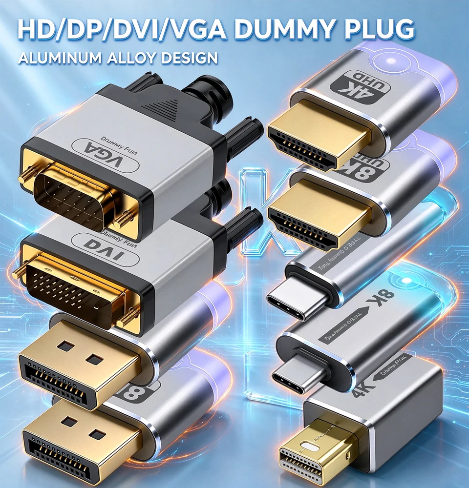 4K HDMI Dummy Plug DP VGA DVI Mini DP Display Emulator 8K Virtual Monitor Headless Display Adapter EDID Emulator EDID Headless