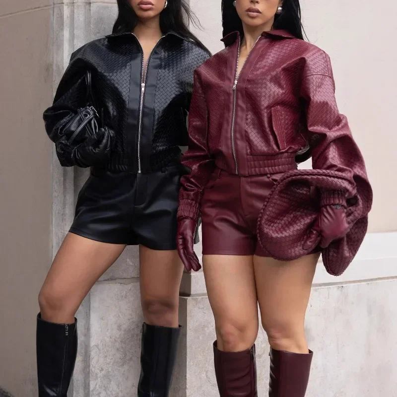 Doyerl PU Faux Leather Shorts Set Woman Clothes Two Piece Sets Fall Winter Zip Long Sleeve Jacket Coat and Shorts Matching Sets