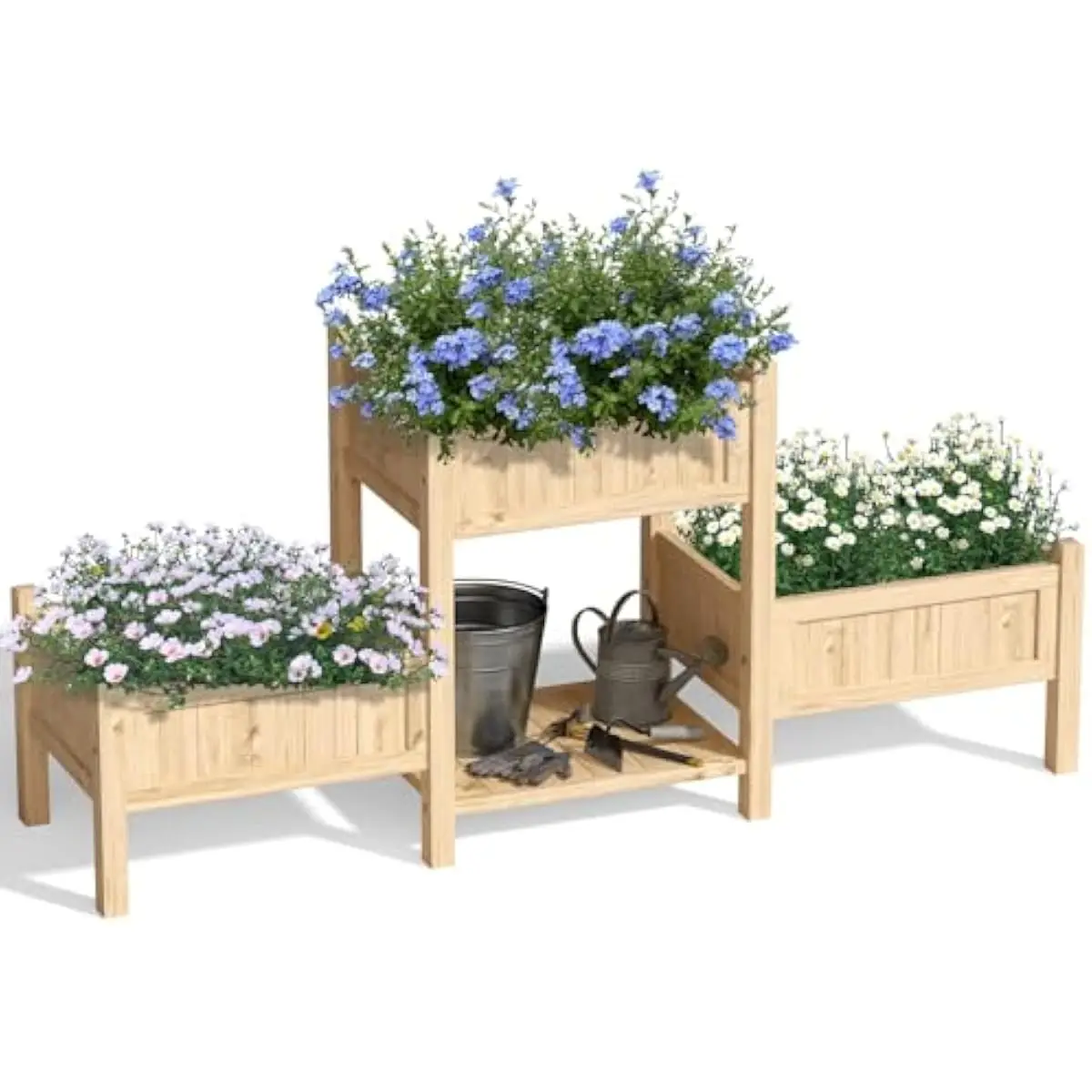 Extra Large 3-Tier Elevated Wooden Planter with Ergonomic Height & Integrated Storage Shelf for Patios Balconies and Porches Ide