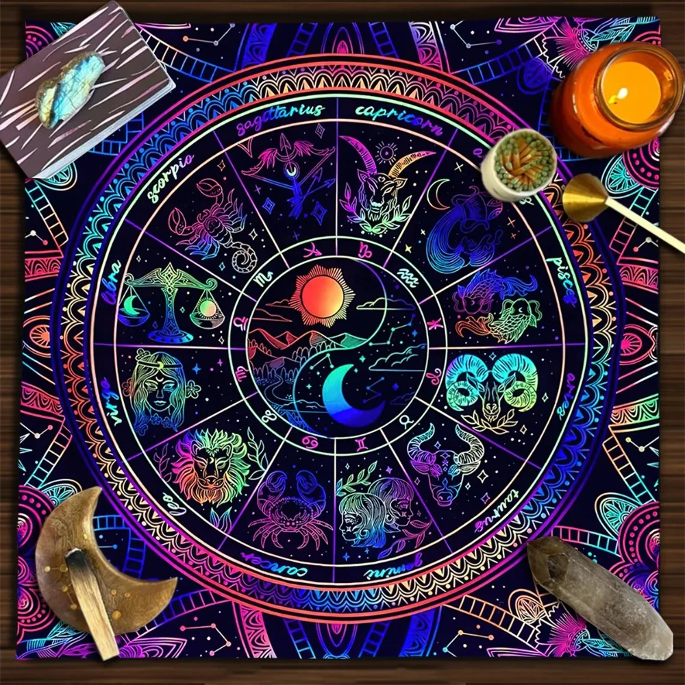 Mandala Tarot Card Tablecloth With 112 Constellations Colorful Altar Cloth For Card Reading with Sun Moon & Mountain Home Decor