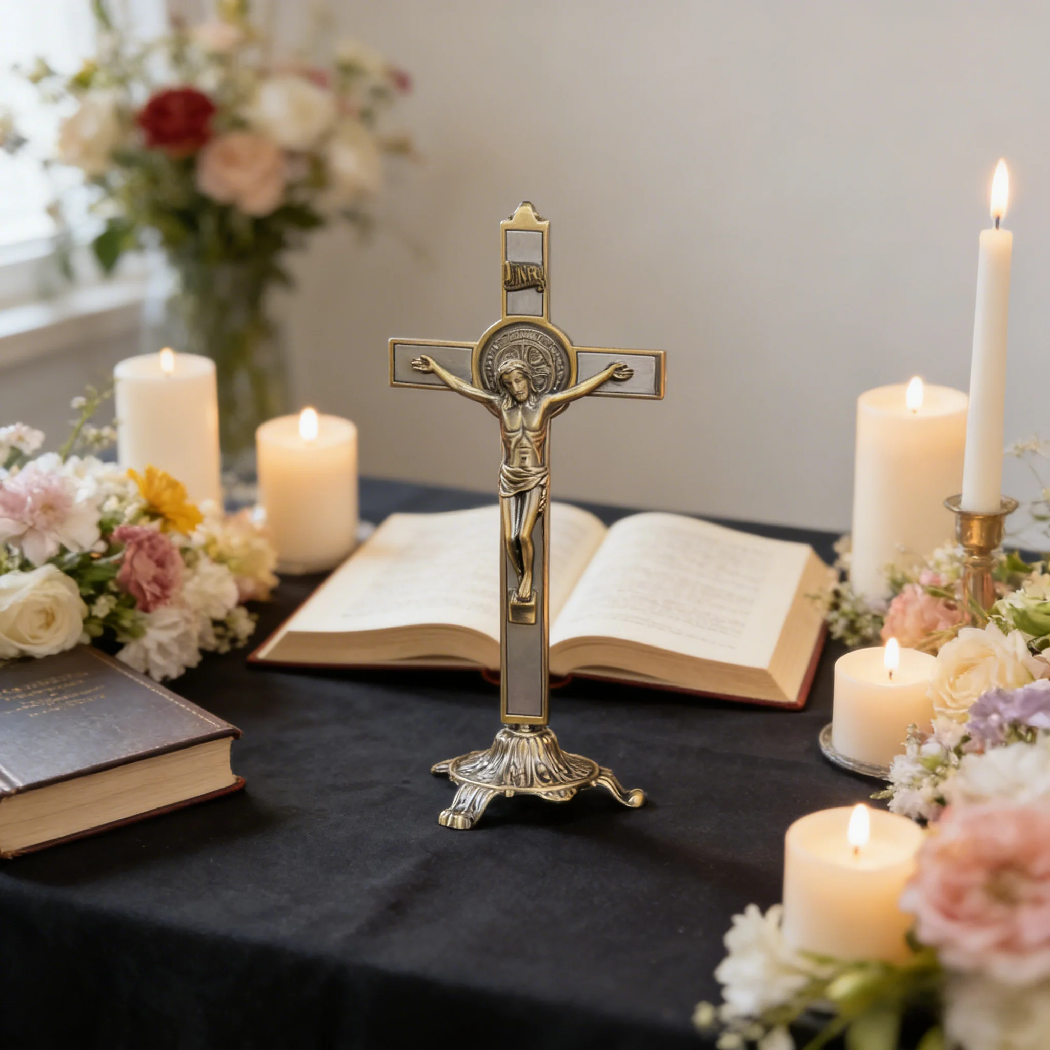 New 2026 Traditional Catholic Standing Crucifix with Two-Tone Finish and Central Medallion for Church Decor and Devotion Gift
