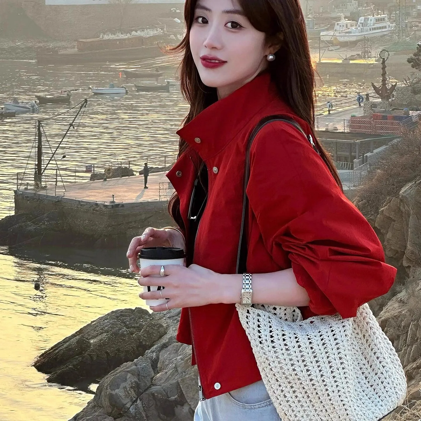 

Red ort Baseball Sle Jaet Women's Spring Autumn Outerwear Stand Collar Windbreaker Faionable Cact Size Ladies Coat