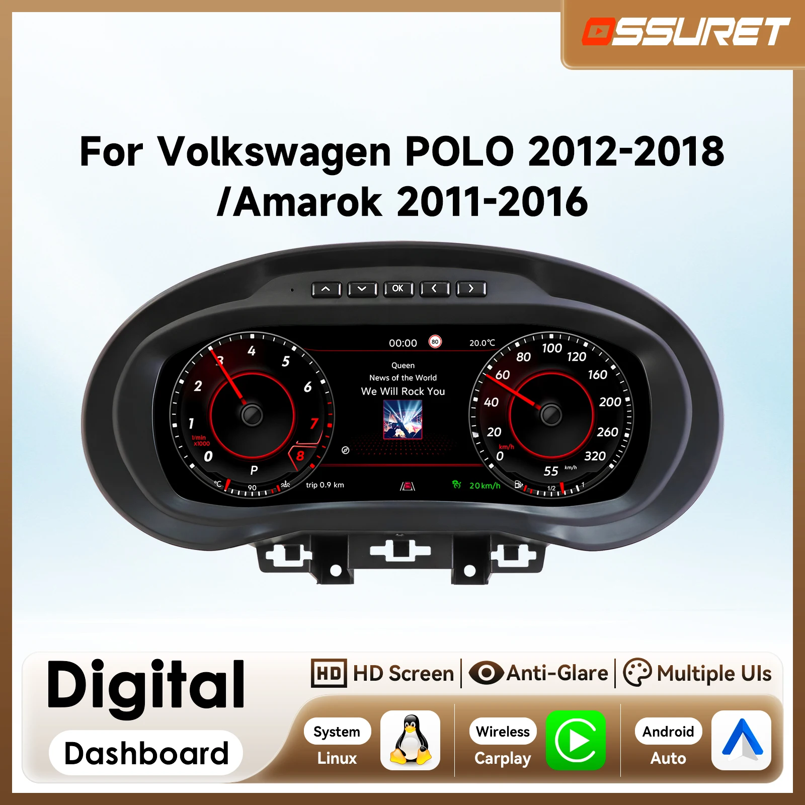 10,25 inch digitaal LCD dashboardpaneel voor Volkswagen VW Polo 2012-2018 Amarok 2011-2016 instrumentenpaneel virtuele cockpit meter draadloze Carplay Android Auto