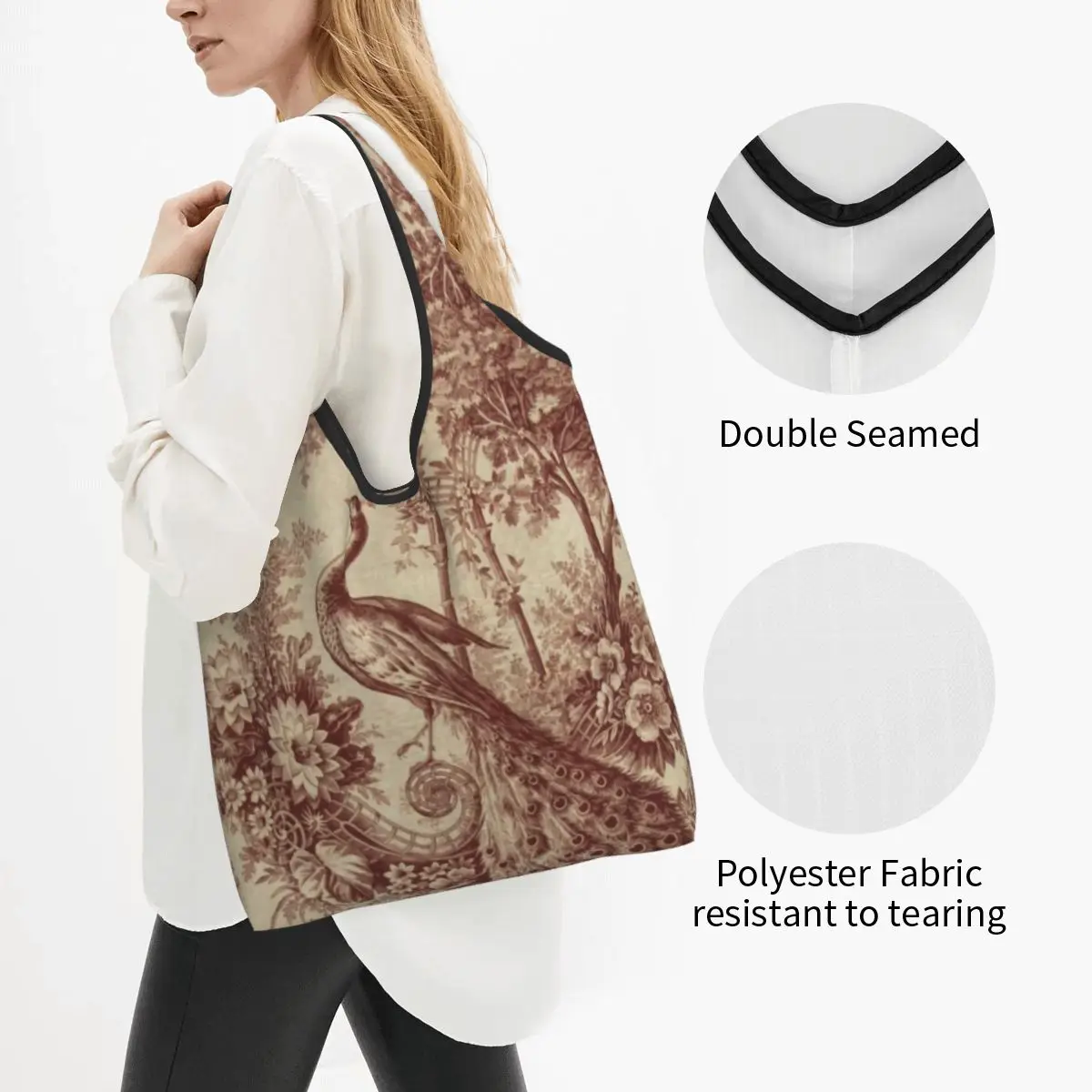 Antique Peacock French Toile Texture Groceries Tote Shopping Bag Women Kawaii Shoulder Shopper Bag Large Capacity Handbag