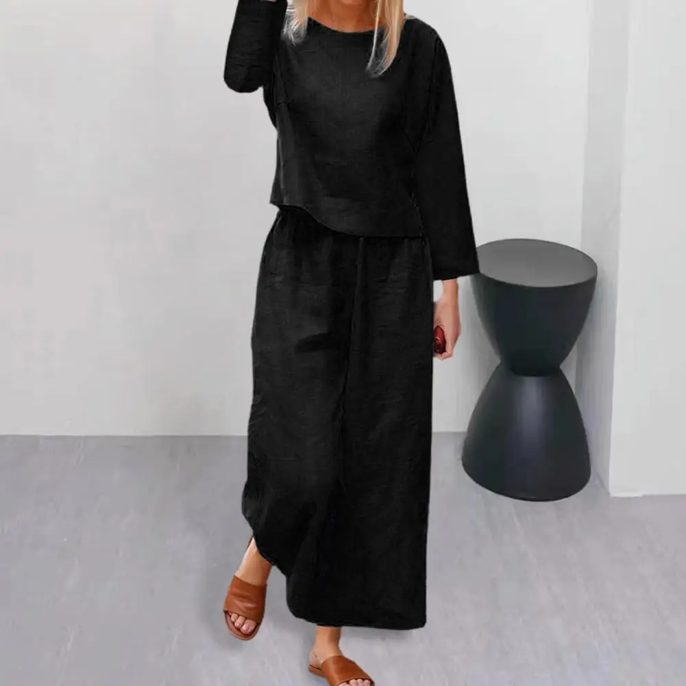 Women T-shirt Pants Set Elegant Women's Top Pants Set With Long Sleeves Round Neck T-shirt Elastic Waist Trousers For Fall