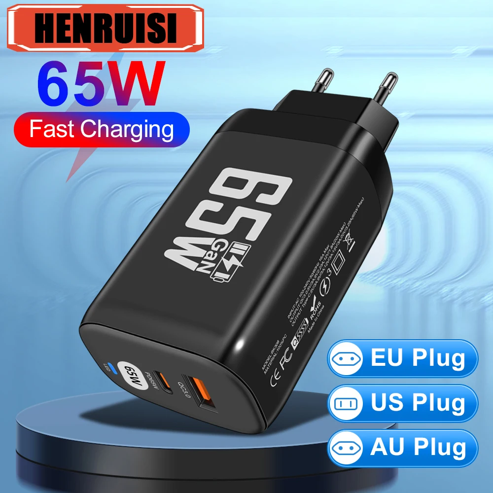 GaN 65W Type C Charger QC3.0 Quick Charge PD USB Fast Charging for iPhone 15 Samsung S23 Xiaomi Macbook13 Huawei Realme Tablet