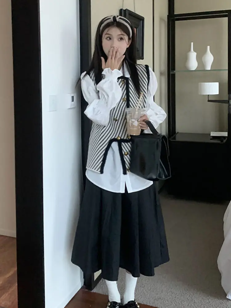 French Gentle Style Set Design Sense Vest Spring and Autumn Bubble Sleeve Shirt High Waist Loose Skirt 3-piece Set