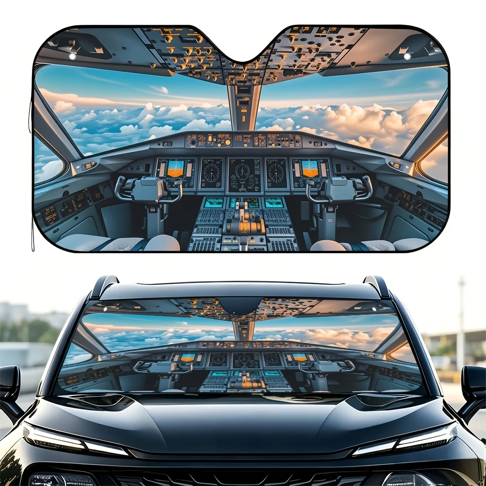 Airplane Cockpit View Printed Car Sun Visor Car Sunshade Accessory Fits Most Car Models Foldable And Easy to Store