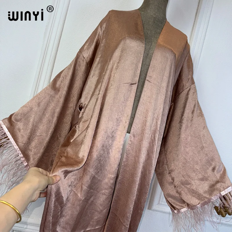 WINYI  summer wool sleeve kimono maxi dress beach cover up Cardigan boho maxi coat abayas print kaftan beach outfits women