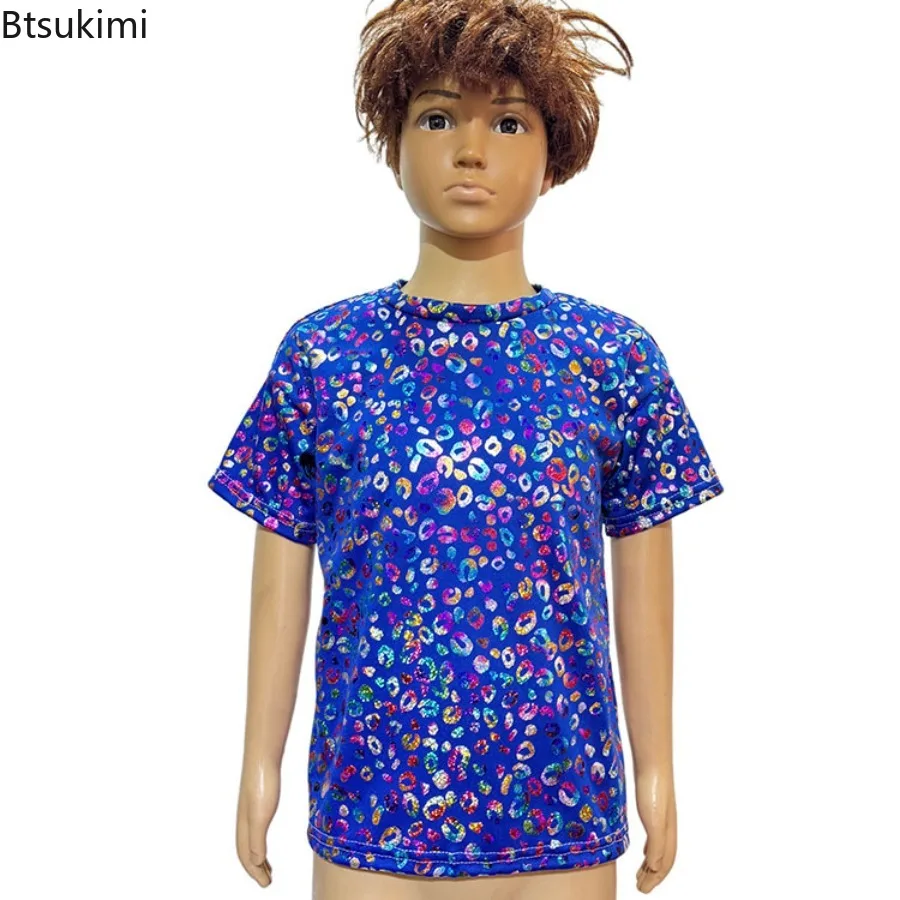Kids Leopard Shirt Cheerleading Jazz Hip-hop Dance Top Shiny Sequins O-Neck Short Sleeves T-shirt for Stage Performance Party
