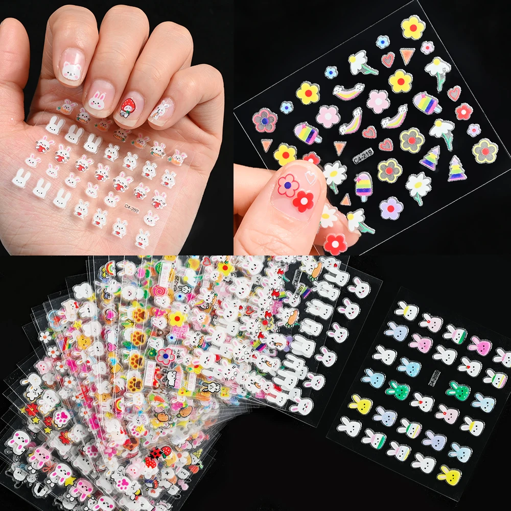 30pcs 3D Luminous Nail Stickers Cartoon Rabbit Strawberry Glow In Dark Nail Decals 5X6cm Flower Slider Manicure Decorations