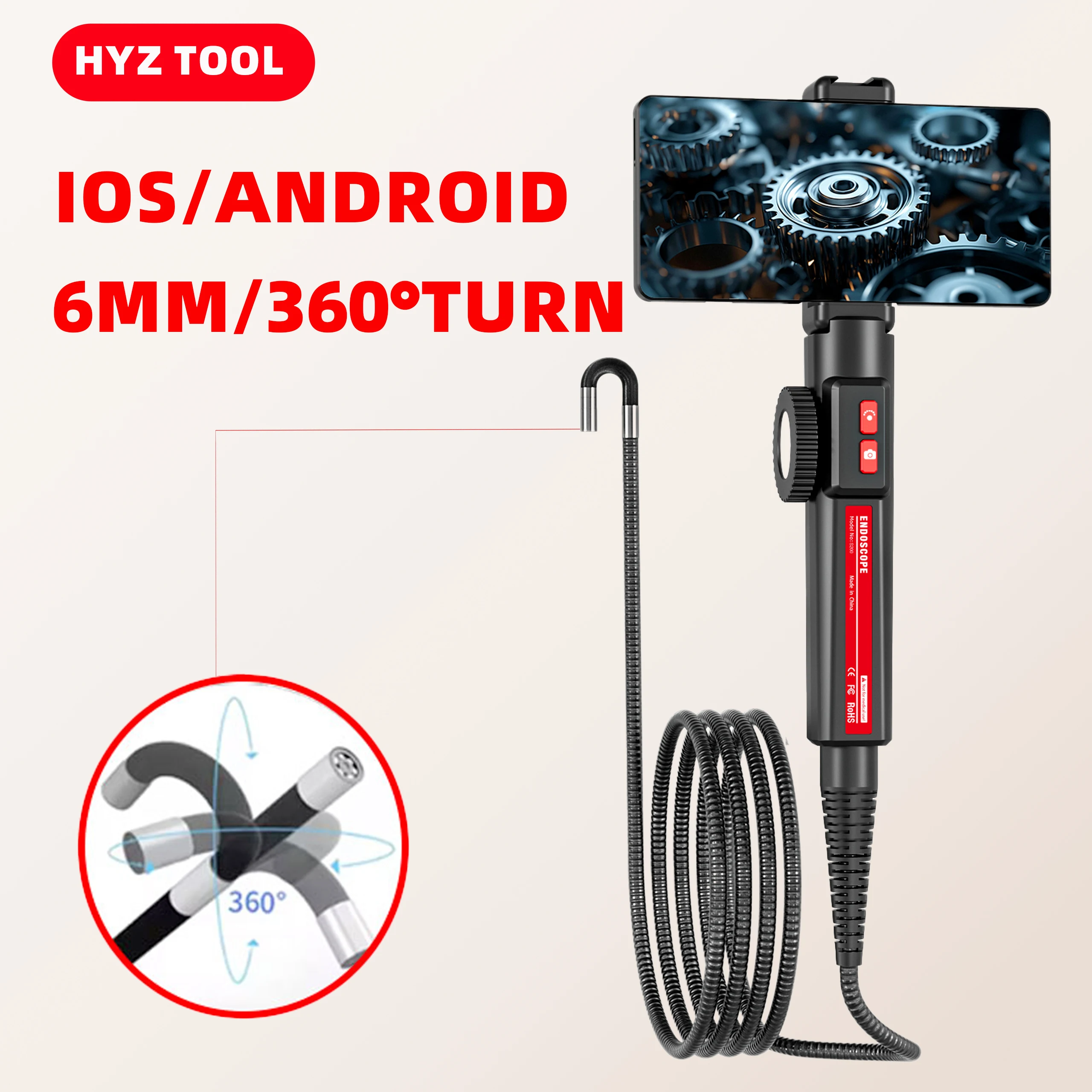 

HYZ 360° Two-Way Articulating Borescope Industrial Endoscope 6.2mm Car Sewer Inspection Camera with Light for IOS Android