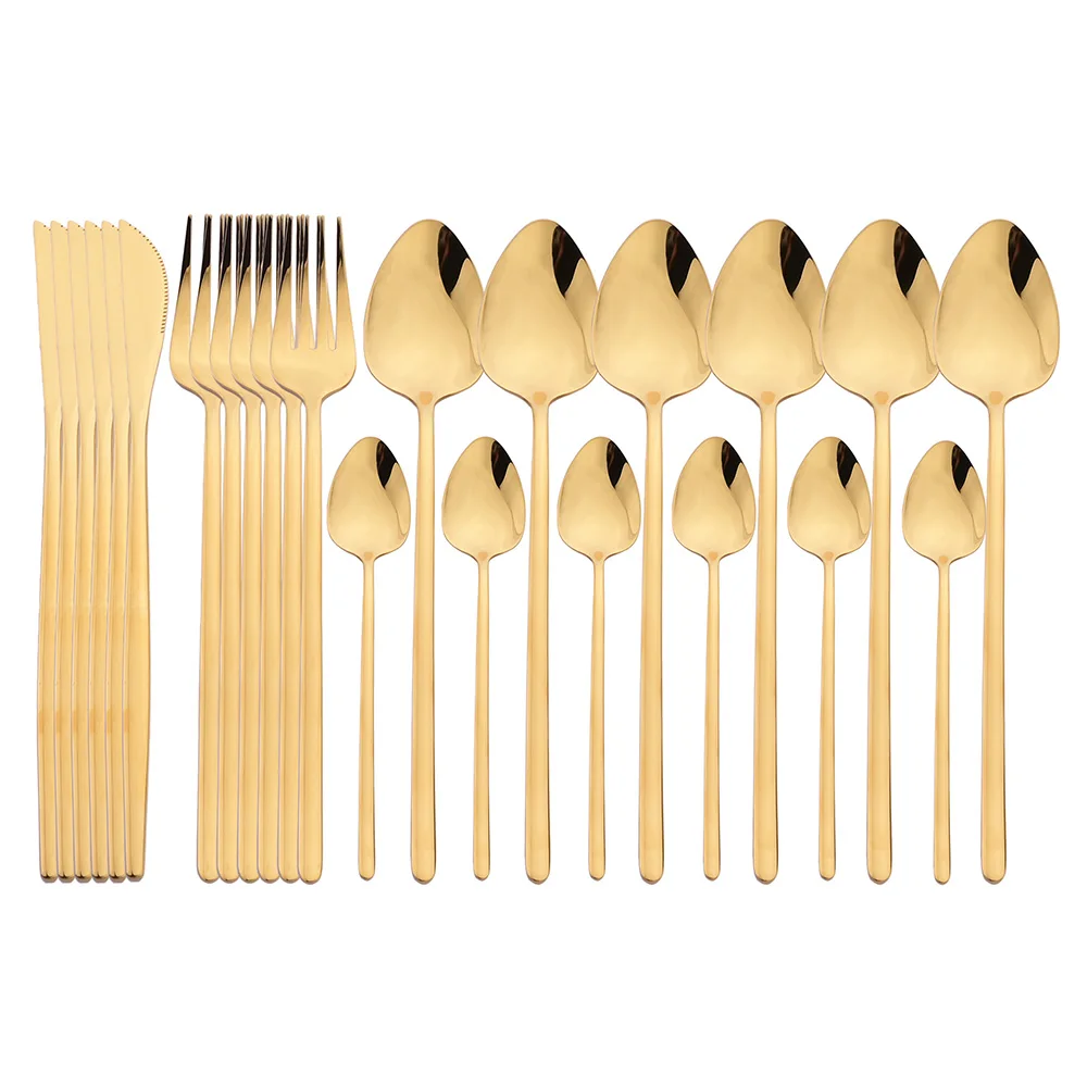 24Pcs Gold Dinnerware Set 18/10 Stainless Steel Cutlery Set Knife Fork Spoon Mirror Golden Tableware Set Kitchen Silverware