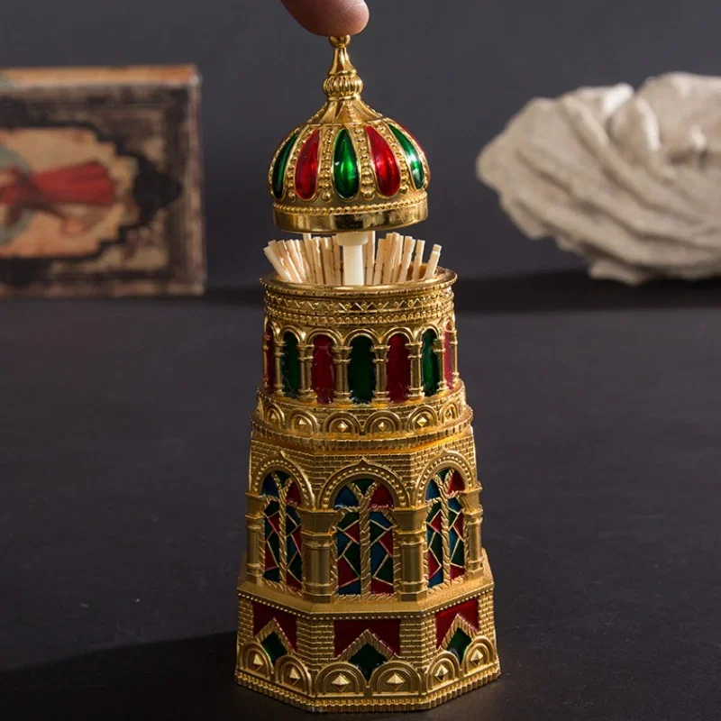 New Automatic Toothpick Box Alloy Vintage Embossed Mosque Style Organizer Holder Toothpick Dispenser Box Home Desktop Decoration