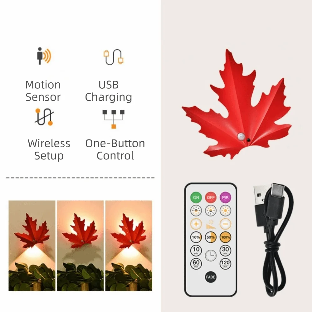 

Creative Maple Leaves Bedroom Remote Light Motion Sensor Maple Leaves Shaped Outdoor Wall Spotlight Wireless Decorative Lighting