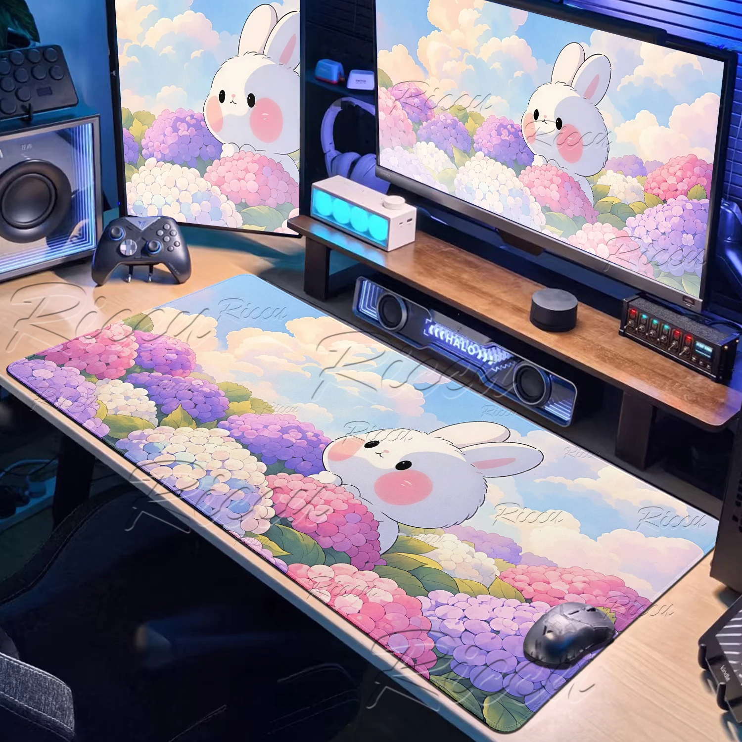 Pink Kawaii Anime Cartoon Rabbit Pattern Large Extended Mouse Pads Locking Edge Desk Mats Offices Desk Accessories Rubber Carpet