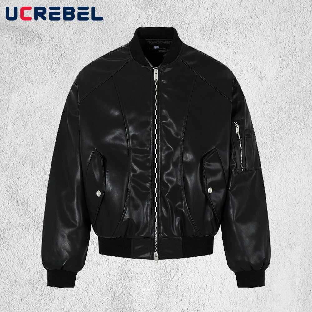 

Spliced Pocket PU Leather Jacket Mens Autumn Winter Retro High Street Stand Collar Quilted Jacket Man Motorcycle Outerwear