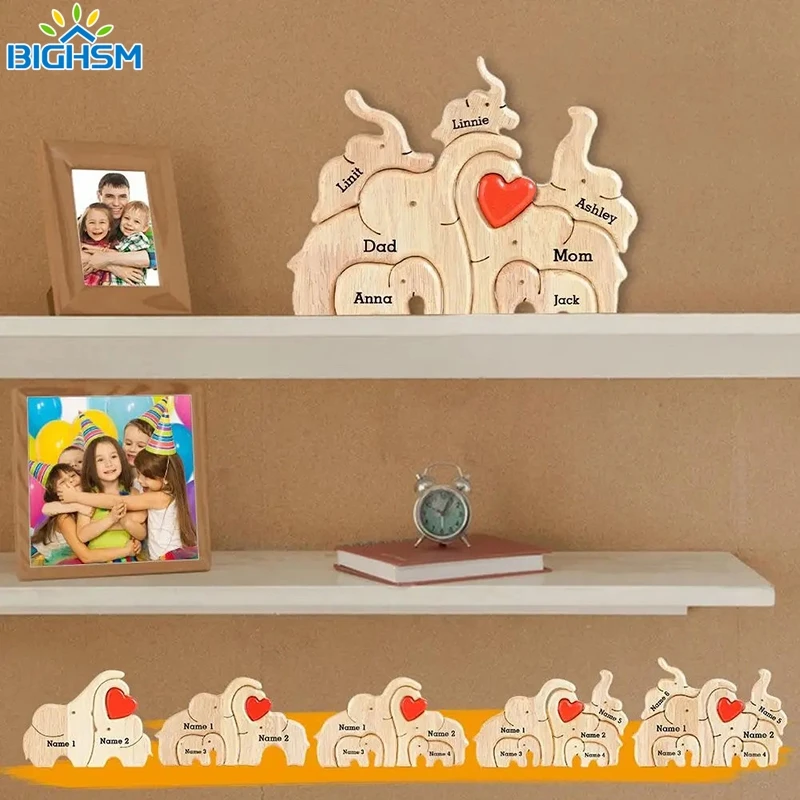 Personalized Elephant Family Wooden Art Puzzle, Desktop Decorações, Tema Animais, personalizado, Unir Presente, 1Pc