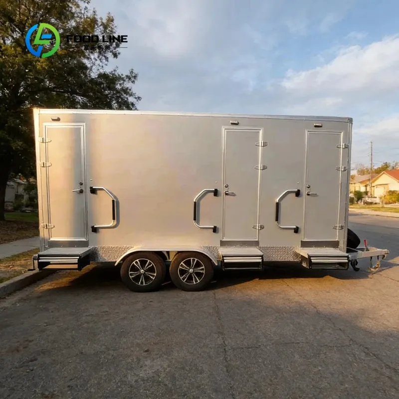 Custom  Commercial Mobile Restroom Trailer 3 Stall Portable Toilet Hand Wash Station Eco-Friendly for Events Park Public Use