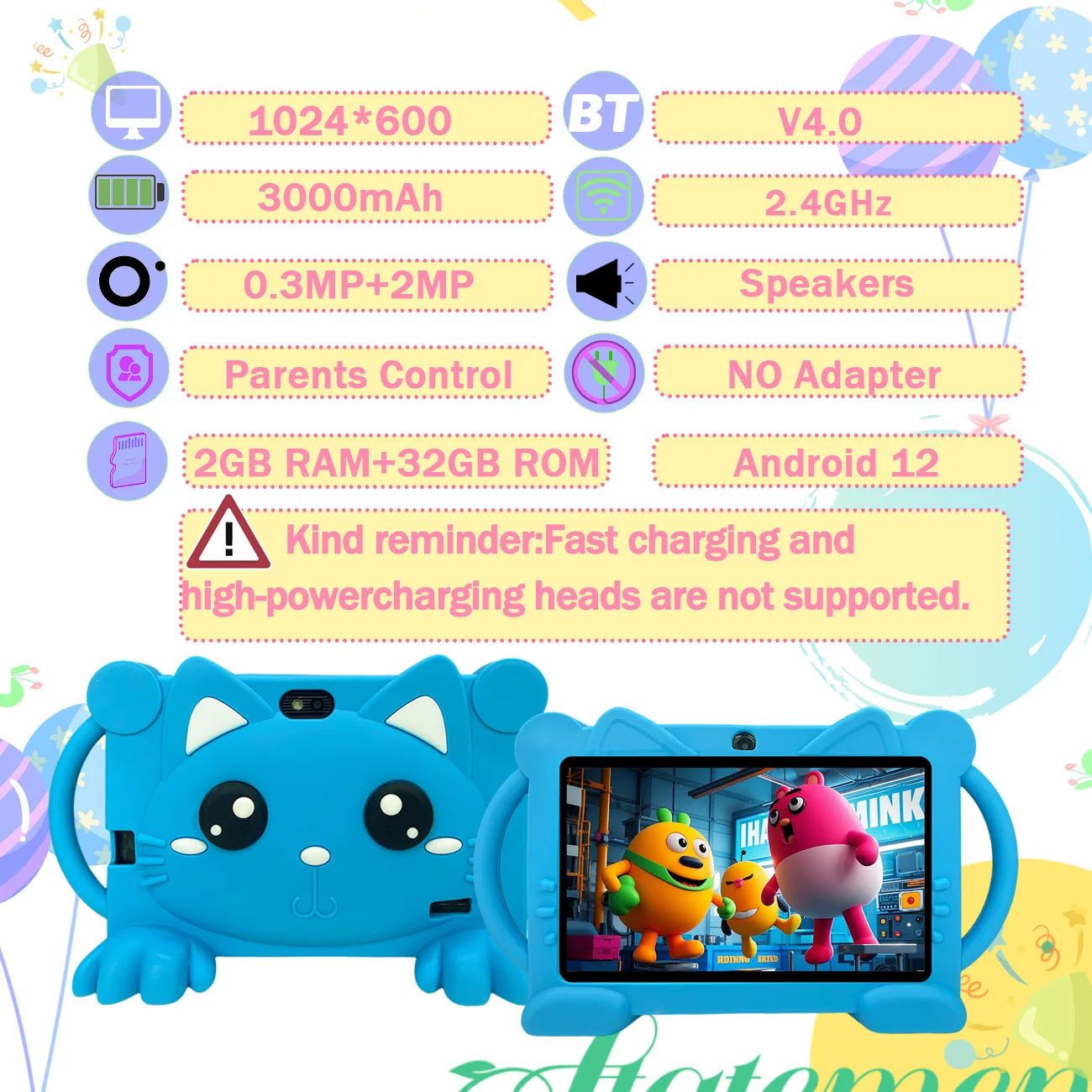 1pc 7 Polegada tablet android com controle parental & caso à prova de choque-tablet educacional e entretenimento recarregável para crianças,