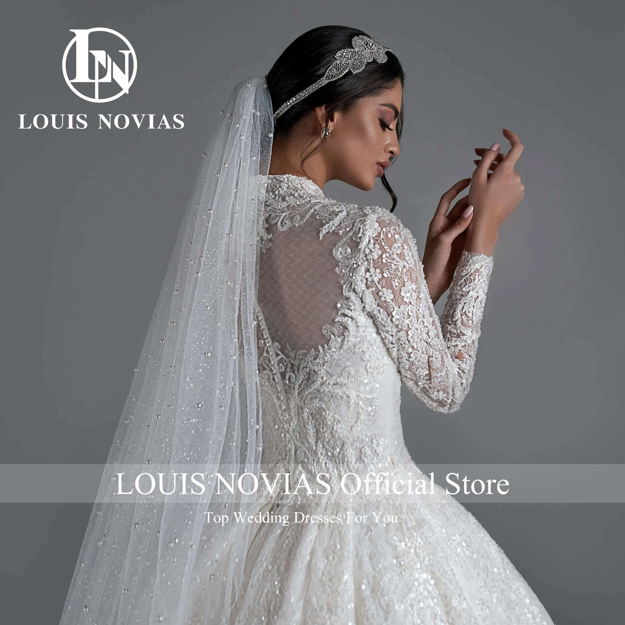 

LOUIS NOVIAS Luxury Long Sleeve Ball Gown Wedding Dress HIGH Embroidery Beading Button Royal Wedding Gown Vestidos De Novia