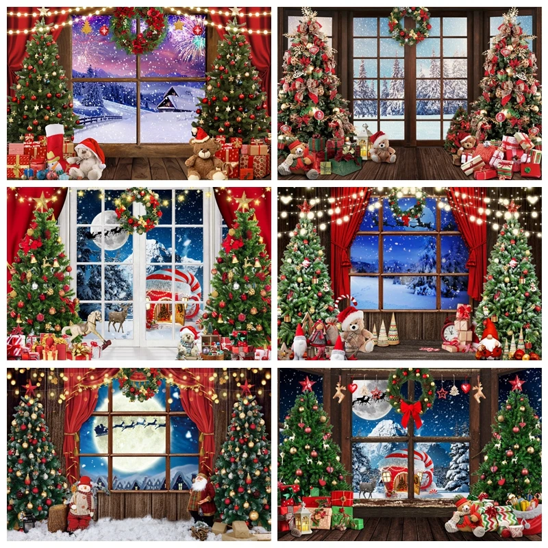 Winter Window Merry Christmas Backdrop Photography Xmas Tree Background Party Decor Baby Portrait Photographic Prop Photo Studio