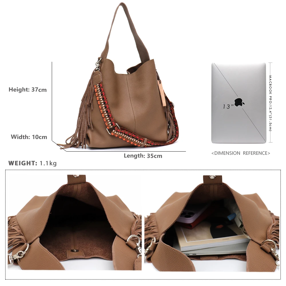 SC Luxury Italian Genuine Leather Women Hobo Handbag Retro Design Tassel Bucket Shoulder Bag Casual Large Wide Webbing Crossbody