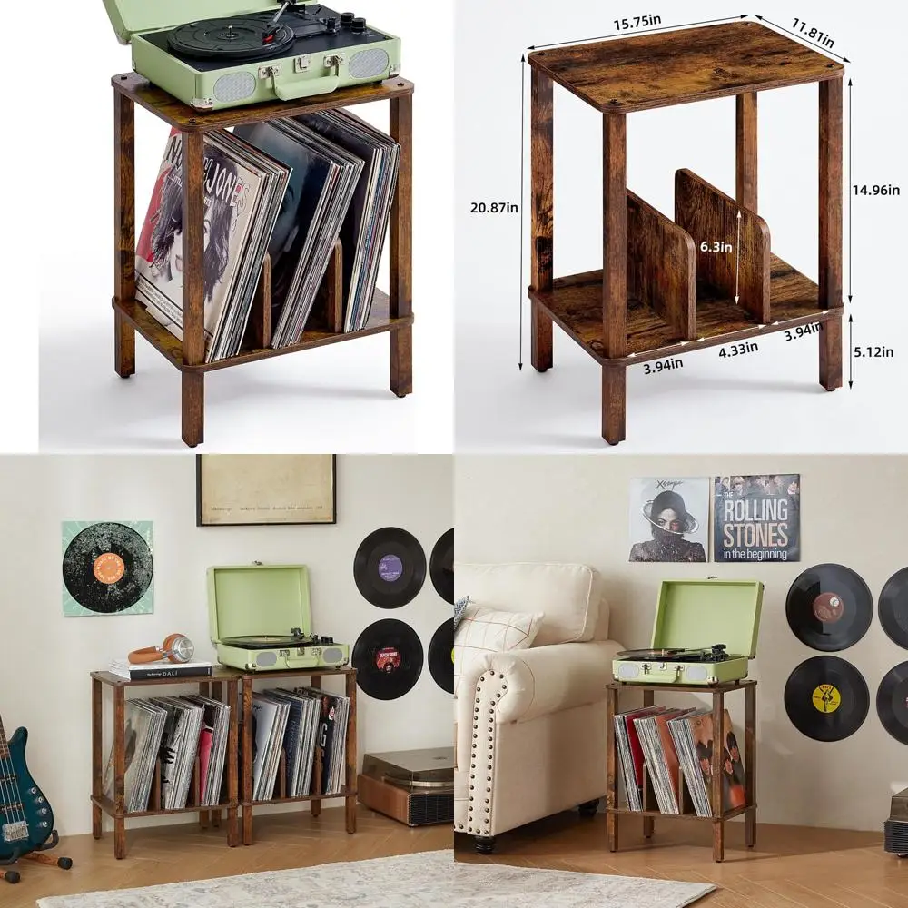 

LELELINKY 2-Tier Record Player Stand with Vinyl Record Storage up to 100 Albums, Bedroom Record Holder and Multi-Functional End