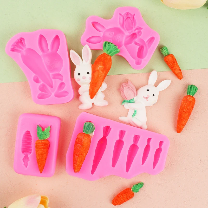 Easter Bunny Carrot Silicone Mold Chocolate Cupcake Baking Fondant Cakes Decorating Tool Themed Party Rabbit Cute Decor Supplies