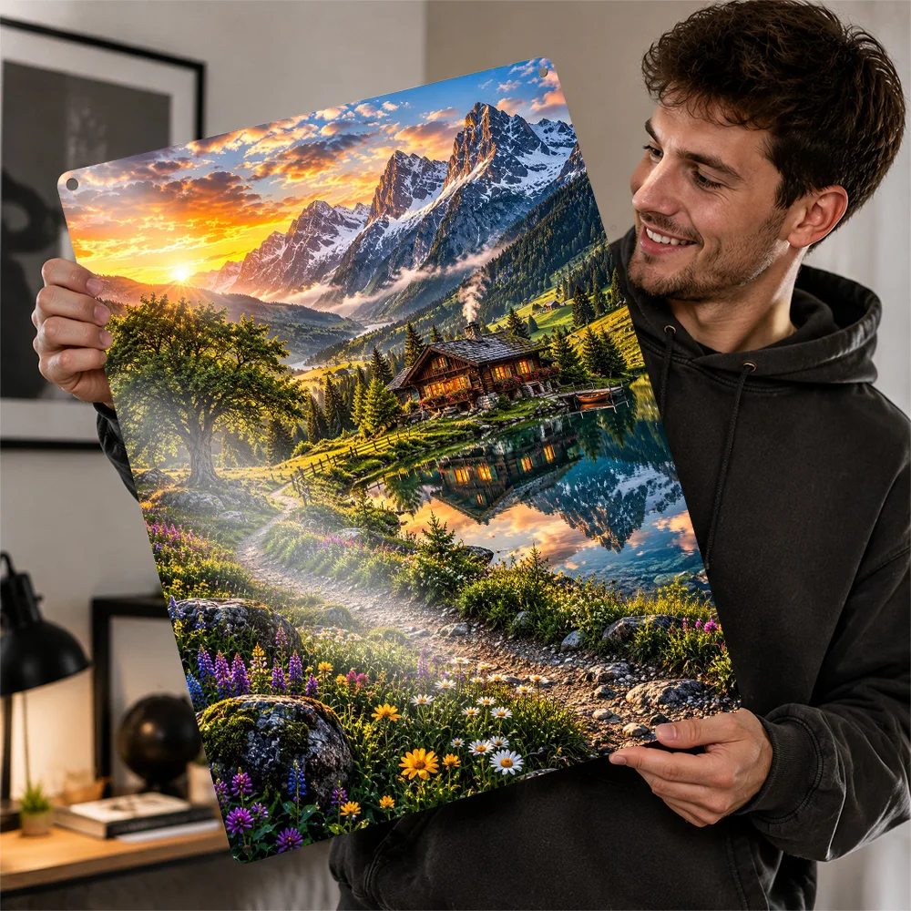 Alpine Cabin At Sunset Printed Poster Scenic Wall Art For Living Room Or Entryway Customized Aluminum Metal Sign Birthday Gift