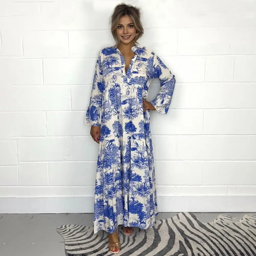 

Beach Party Dress Elegant Floral Print V Neck Maxi Dress for Women Long Sleeve A-line Hem Patchwork Pleated Dress for Ol Commute