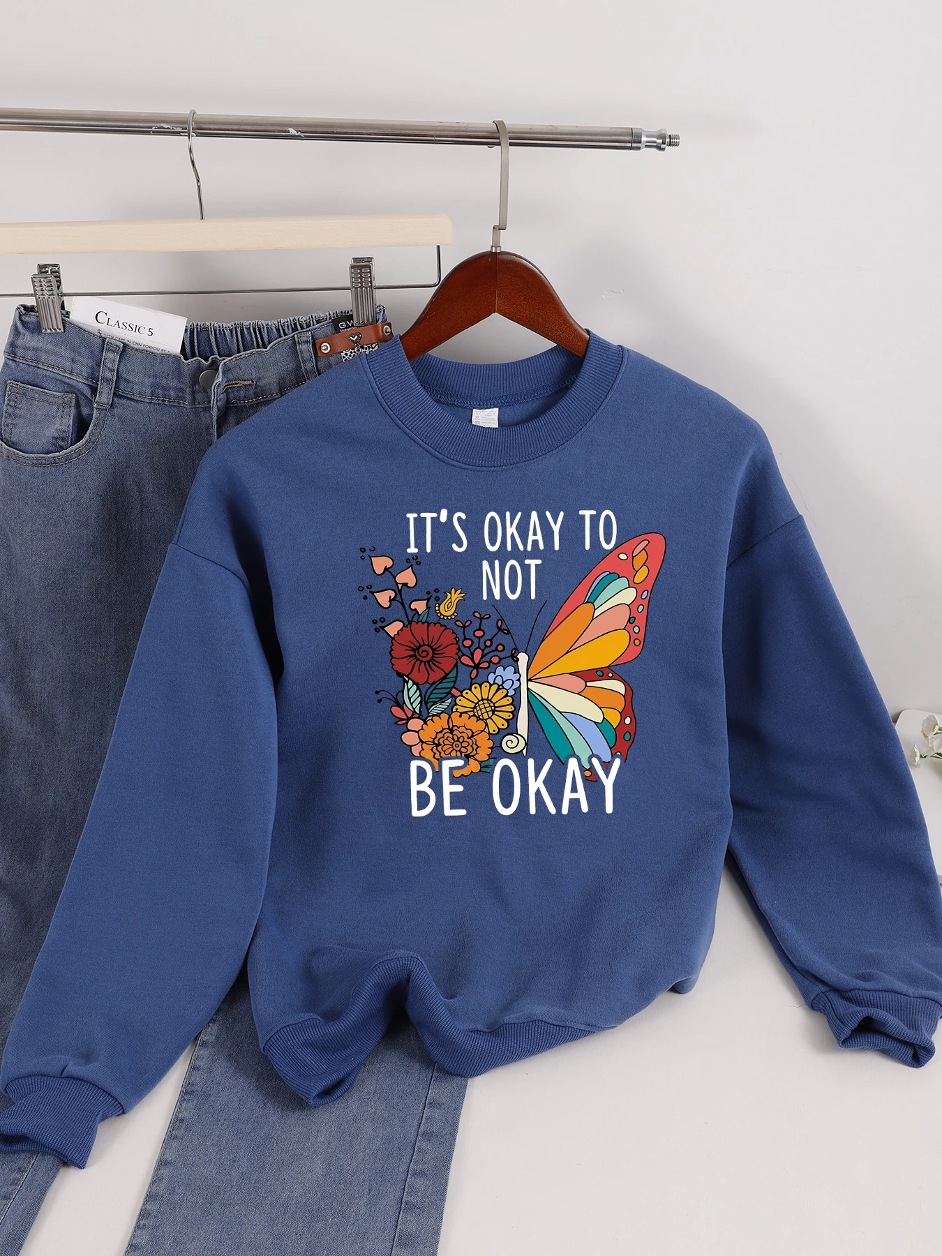 

It'S Ok To Not Be Ok Женский свитшот с цветочным дизайном и бабочкой Y2K Флисовые пуловеры с круглым вырезом Повседневная верхняя одежда в стиле хип-хоп