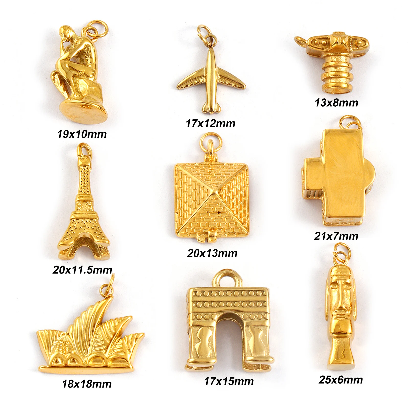 1Piece 304 Stainless Steel Travel Charms 18K Gold Plated 3D Pyramid Camera Airplane Eiffel Tower Pendant For DIY Necklace Making